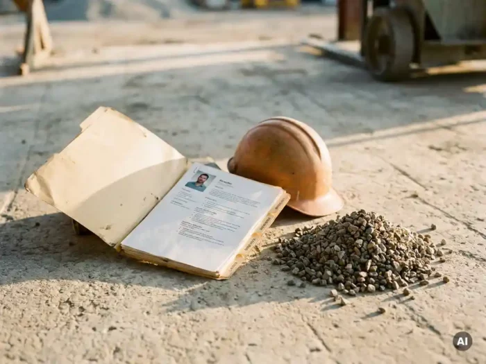 Aufgeschlagene Bewerbungsmappe auf Beton neben gelbem Schutzhelm und Gesteinsproben im warmen Licht.
